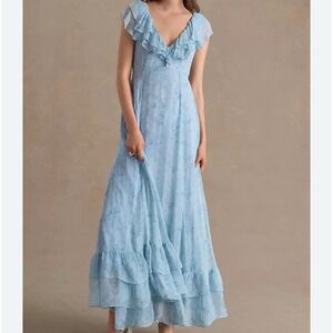 New Sachin & Babi Blue Ivy Chiffon Flutter-Sleeve V-neck Gown Sz 14‎